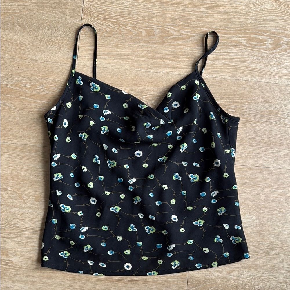 90s Vintage Amani S Black Cowl Neck Floral Tank Top Medium